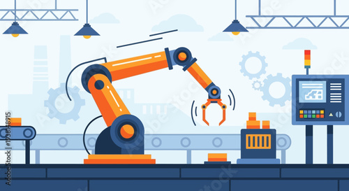 Industrial robotic arm on production line with control panel.