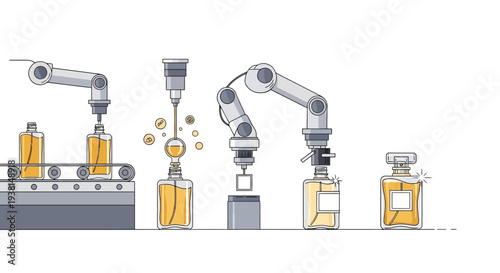 Industrial robotic arms assembling components in a manufacturing line.