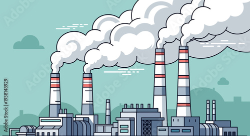 Industrial factory with polluting smokestacks releasing smoke into the atmosphere.