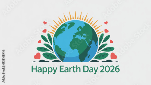 Happy earth day 2026 globe with sun leaves and hearts eco friendly celebration