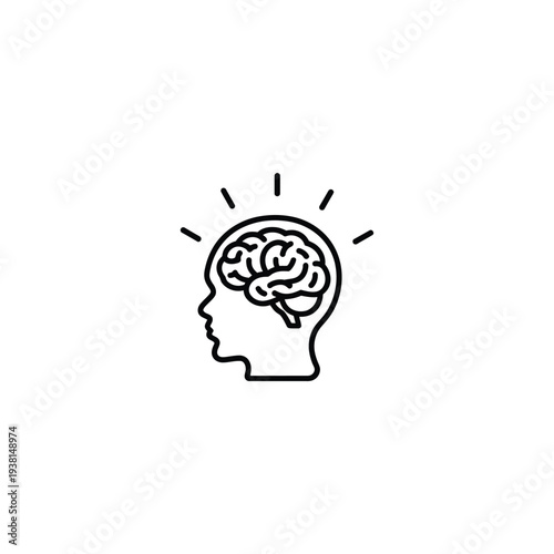 A simple line drawing of a human head in profile with a visible brain and radiating lines indicating thought or insight