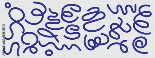 Minimalist squiggle-style illustration in bold blue on a light gray background. Repeating playful loops form a visual rhythm with the word “Squiggle” anchored in bold black type.