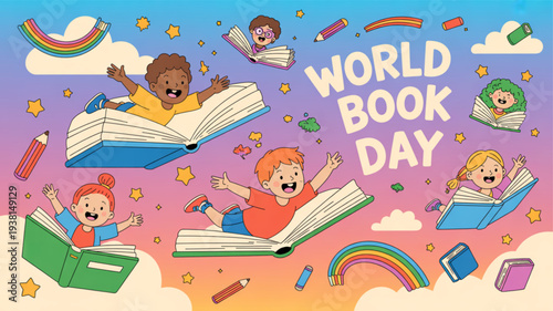 Children celebrating world book day with books and rainbow decorations