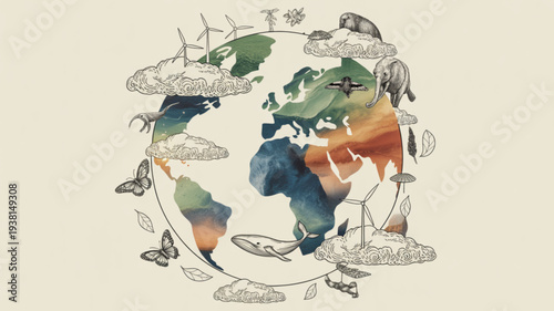 Earth surrounded by nature elements symbolizing environmental balance and harmony with a mix of vibrant and muted colors
