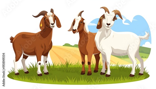 Three goats with horns stand in a grassy field under a blue sky with light clouds, farm landscape