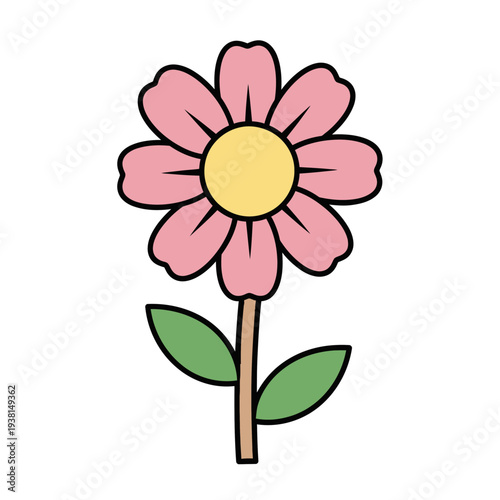 Pink Flower Illustration with Green Stem and Leaves