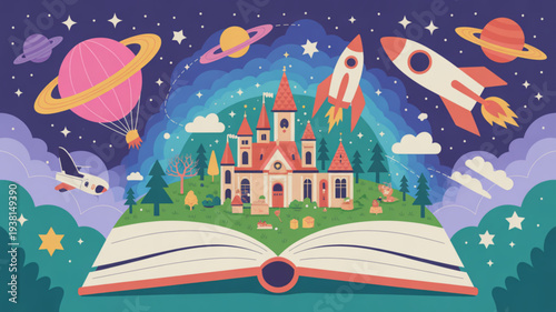 Whimsical castle on an open book with rockets and planets in a starry night sky fantasy scene