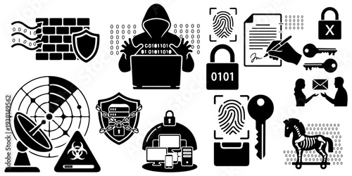 Set of cybersecurity and digital protection silhouettes, including hacker with laptop, firewall, fingerprint scan, data encryption, trojan horse, and network security icons isolated