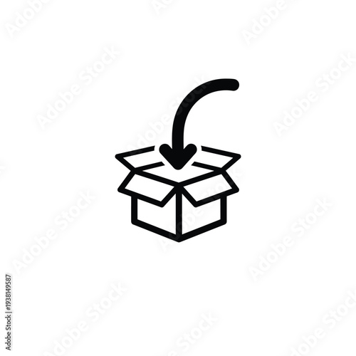 Simple line illustration of an open box receiving a downward arrow on a white background