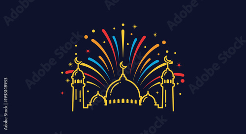 Eid al Fitr Celebration with Fireworks and Mosque Silhouette