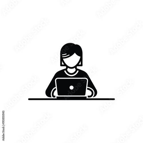 Woman using laptop on a desk in a simple illustration style