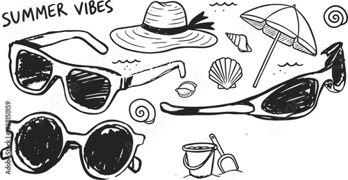 Hand drawn sketch collection of summer beach vacation items including sunglasses hat and seashells