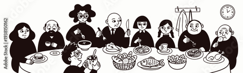 A large family gathers around the dinner table enjoying a delicious meal together during a special occasion