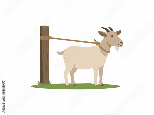 Goat tied to a wooden post on green grass for Islamic Qurban sacrifice celebration.
