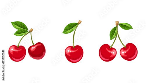 A collection of hand-drawn ripe red cherries with green leaves, shown whole, in pairs