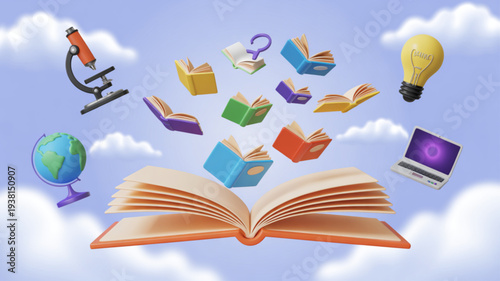 E learning concept with books globe microscope laptop and lightbulb floating in the air against a cloudy sky