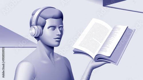 Man wearing headphones reading book in modern purple toned illustration for education and technology concepts