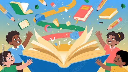 Diverse children excitedly learning with books and school supplies flying out of an open book against a colorful background