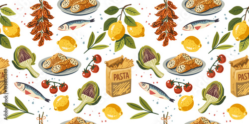 Seamless Mediterranean food pattern with lemons, sardines, tomatoes, artichokes, pasta and cannoli. Italian culinary repeat design for textile, wrapping paper, wallpaper, kitchen decor and packaging