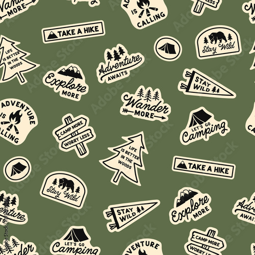 Seamless pattern with retro camping-themed badge illustrations and adventure quotes. Includes tents, trees, signs, and typography in bold colors. Great for outdoor and nature designs