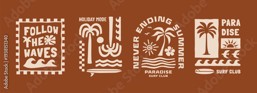 Surf and paradise vector set with palm trees, waves, sun and bold typography compositions. Tropical summer graphics ideal for t-shirts, posters and beach branding.	
