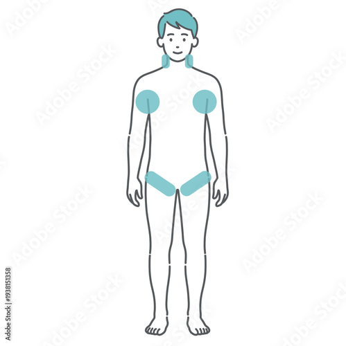 男性の人体図イラスト（熱中症・発熱時の冷やすポイント・応急処置）