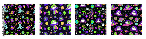 Astronauts, cats and Alien in psychedelic space travel and exploration seamless pattern set