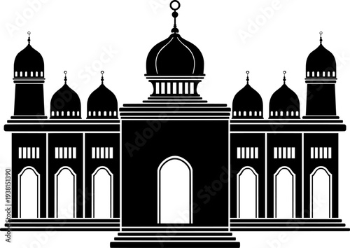 black mosque silhouette icon with domes and minarets isolated on white background