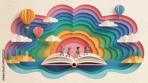 Children standing on an open book with rainbow background and hot air balloons flying overhead in a whimsical scene