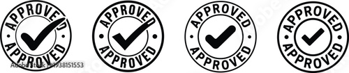 Approved stamp badge vector collection. Quality assurance check mark seal icons with circular border for certification, verification and approval concept design