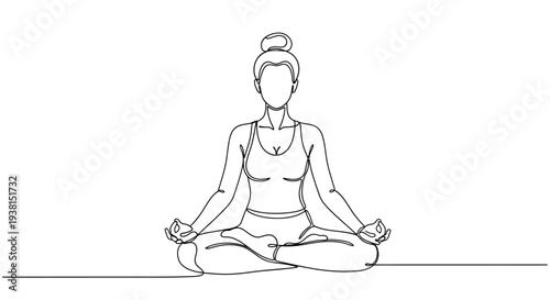 Serene woman meditating in lotus position with peaceful expression and calm surroundings, depicted in a simple line art style