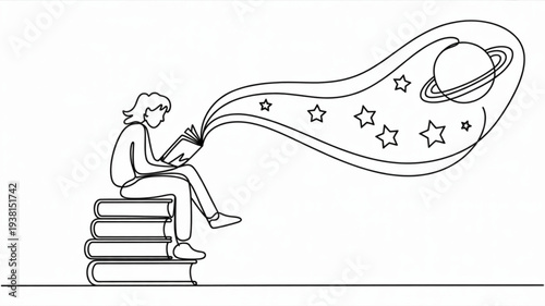 Person sitting on books reading with imagination flowing into space and stars