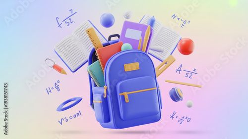 Vibrant blue backpack overflowing with colorful school supplies and floating mathematical equations on a pastel background