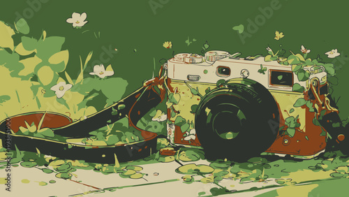 Forgotten Memories: Old Camera Surrounded by Lush Greenery
