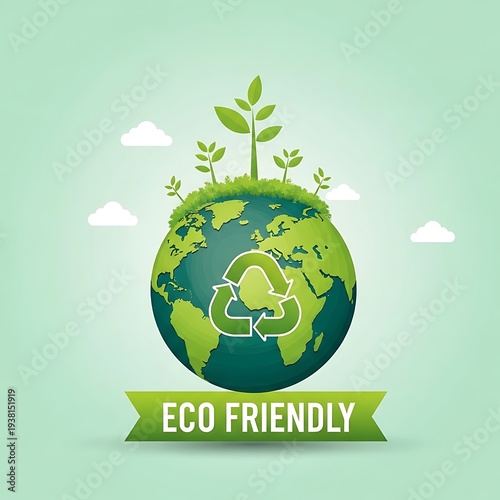 Eco friendly earth with recycling symbol and plants