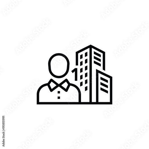 Simple line illustration of a person in front of a modern office building from a straightforward viewpoint
