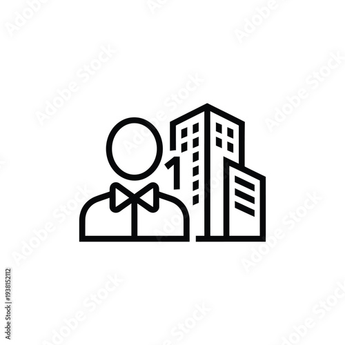 A simple line illustration of a person in front of buildings from a straightforward viewpoint
