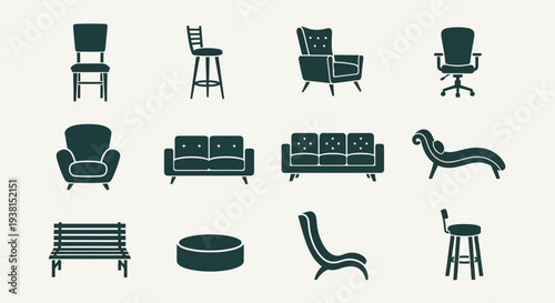 Collection of modern furniture icons including chairs, sofas, and tables, illustrated in a minimalist style.