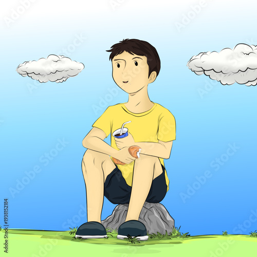 boy sitting on a rock enjoying a drink and bread with a cloudy blue sky in the background