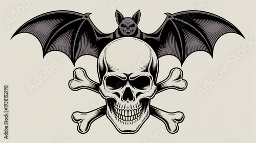 Skull and crossbones with bat symbol on gray background representing danger and eerie atmosphere
