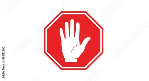 Vector graphic illustration of a white stop hand gesture inside a bright red octagon road sign