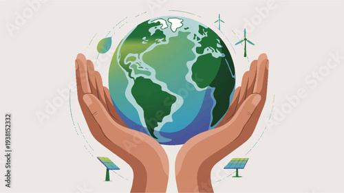 Hands cradling earth globe with renewable energy symbols representing sustainability and environmental care