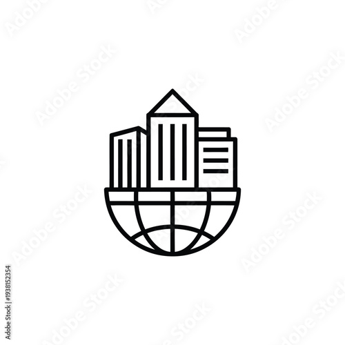 Simplified line art illustration of a globe with city buildings on top, symbolizing global connectivity and urbanization from a straightforward viewpoint
