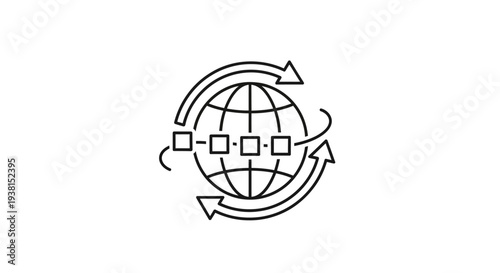 Black and white globe icon with arrows.