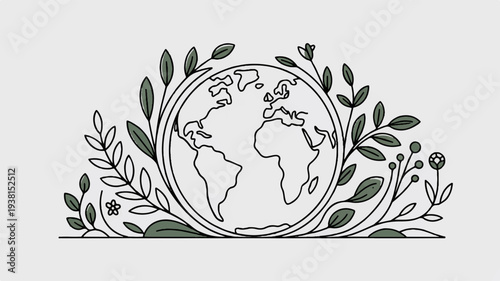 Earth globe surrounded by leaves and flowers eco friendly symbol green planet nature conservation sustainable living earthy atmosphere simple line drawing
