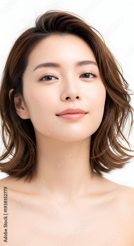 Fototapeta premium Beautiful young Asian woman with flawless skin and short brown hair smiling gently with a soft expression on a white background representing natural beauty and skincare.
