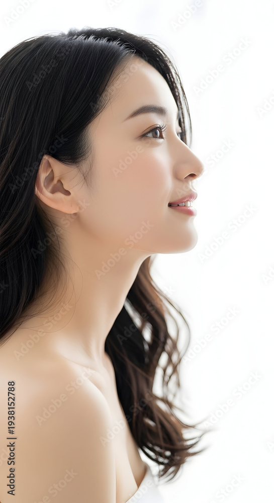 Obraz premium Beautiful young Asian woman with long dark hair in profile view with a gentle smile and looking upwards against a bright white background