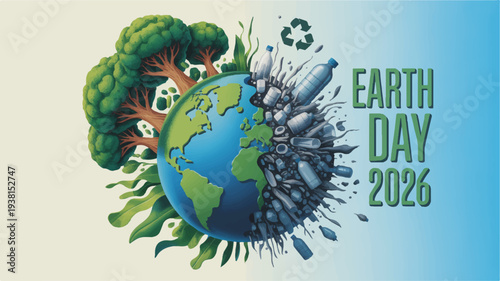 Earth day 2026 globe with green trees and pollution contrast on blue background symbolizing environmental awareness and sustainability