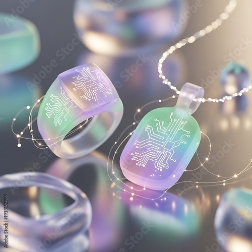 Iridescent circuit board jewelry, futuristic tech accessories