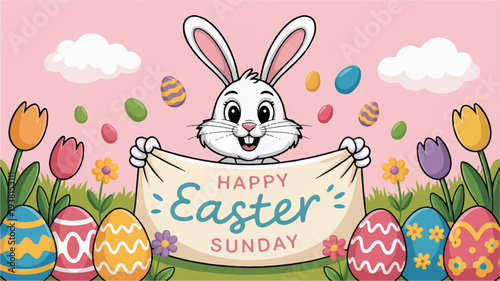 Cartoon bunny holds happy easter sunday sign amidst colorful eggs and tulips in pink background